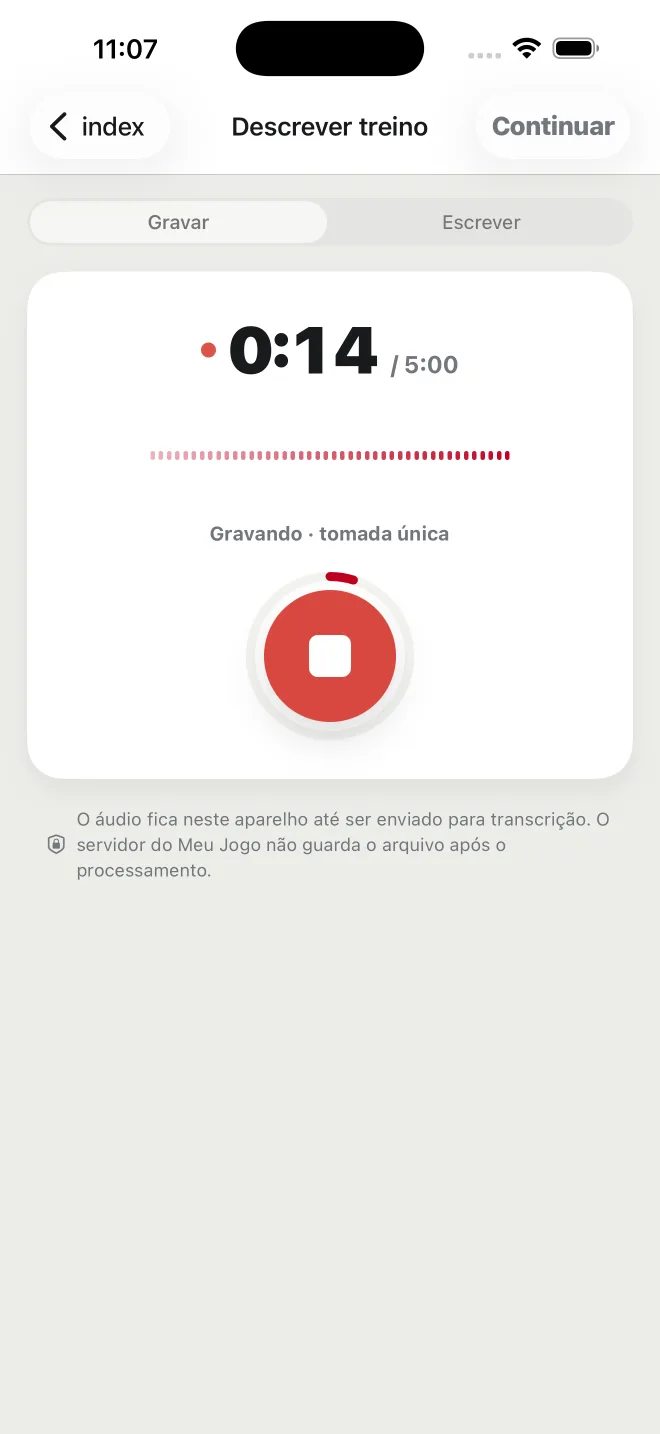 Tela de gravação do relato com cronômetro em 0:09 de 5:00 e botão de parar.
