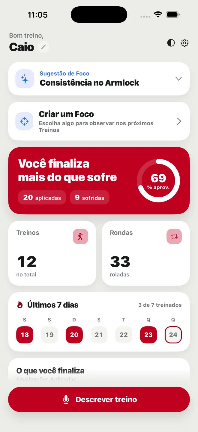 Tela inicial do meujogo: cartão vermelho dizendo “Você finaliza mais do que sofre”, 69% de aproveitamento, 20 aplicadas e 9 sofridas, 12 treinos e 33 rolas.