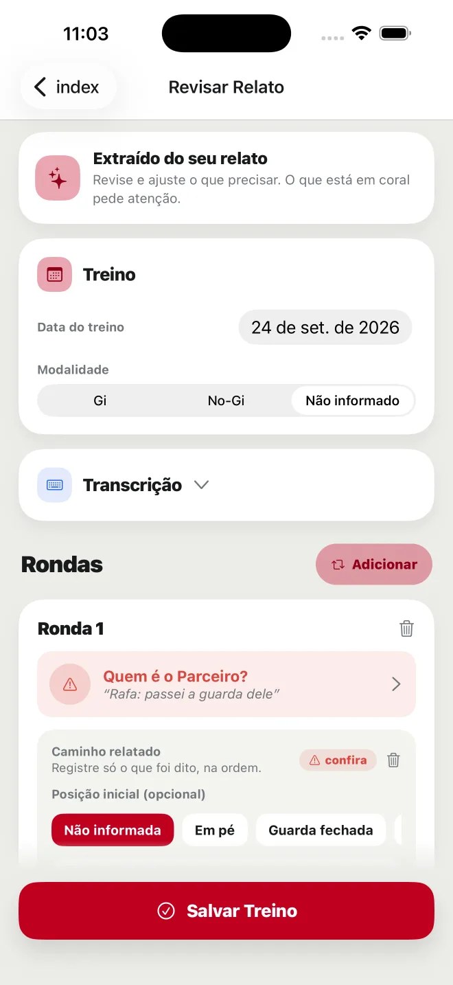 Tela de revisão do relato: dados extraídos do treino, com a data, a modalidade e a primeira rola pedindo para confirmar o Parceiro.